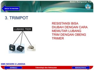 3. TRIMPOT
RESISTANSI BISA
DIUBAH DENGAN CARA
MEMUTAR LUBANG
TRIM DENGAN OBENG
TRIMER
LUBANG TRIM
Materi Komponen Pasif
SMK NEGERI 2 LANGSA
BACK TO MATERI
Teknologi dan Rekayasa
Teknologi dan Rekayasa BERIKUTNYAKEMBALI
 