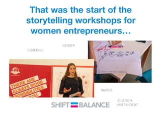 That was the start of the
storytelling workshops for
women entrepreneurs…
WORDS
COACHING
GENDER
LOCATION
INDEPENDENT
 