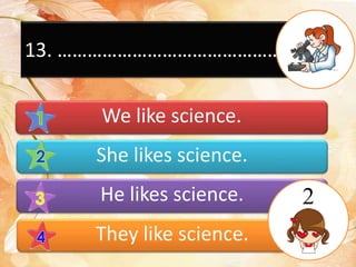 13. ……………………………………….
We like science.
She likes science.
He likes science.
They like science.
2