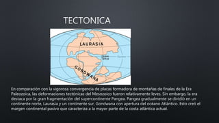 En comparación con la vigorosa convergencia de placas formadora de montañas de finales de la Era
Paleozoica, las deformaciones tectónicas del Mesozoico fueron relativamente leves. Sin embargo, la era
destaca por la gran fragmentación del supercontinente Pangea. Pangea gradualmente se dividió en un
continente norte, Laurasia y un continente sur, Gondwana con apertura del océano Atlántico. Esto creó el
margen continental pasivo que caracteriza a la mayor parte de la costa atlántica actual.
 