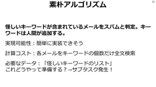 素朴アルゴリズム
怪しいキーワードが含まれているメールをスパムと判定。キー
ワードは人間が追加する。
実現可能性：簡単に実装できそう
計算コスト：各メールをキーワードの個数だけ全文検索
必要なデータ：「怪しいキーワードのリスト」
これどうやって準備する？→サブタスク発生！
12
 