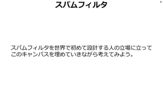 スパムフィルタ
スパムフィルタを世界で初めて設計する人の立場に立って
このキャンバスを埋めていきながら考えてみよう。
4
 