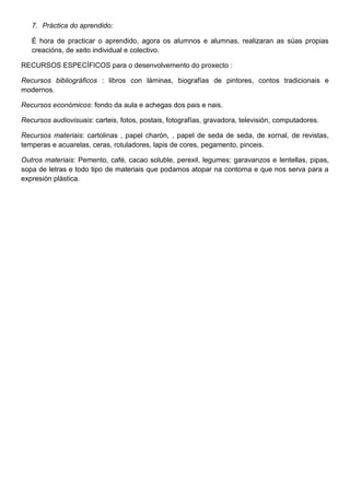 7. Práctica do aprendido:
É hora de practicar o aprendido, agora os alumnos e alumnas, realizaran as súas propias
creacións, de xeito individual e colectivo.
RECURSOS ESPECÍFICOS para o desenvolvemento do proxecto :
Recursos bibliográficos : libros con láminas, biografías de pintores, contos tradicionais e
modernos.
Recursos económicos: fondo da aula e achegas dos pais e nais.
Recursos audiovisuais: carteis, fotos, postais, fotografías, gravadora, televisión, computadores.
Recursos materiais: cartolinas , papel charón, , papel de seda de seda, de xornal, de revistas,
temperas e acuarelas, ceras, rotuladores, lapis de cores, pegamento, pinceis.
Outros materiais: Pemento, café, cacao soluble, perexil, legumes: garavanzos e lentellas, pipas,
sopa de letras e todo tipo de materiais que podamos atopar na contorna e que nos serva para a
expresión plástica.
 