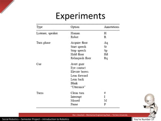 Illai J. Gescheit – Mechanical Engineering Dept. – Tel Aviv University
Social Robotics – Semester Project – Introduction to Robotics
Experiments
You’re Number 17
 