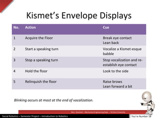 Illai J. Gescheit – Mechanical Engineering Dept. – Tel Aviv University
Social Robotics – Semester Project – Introduction to Robotics
Kismet’s Envelope Displays
You’re Number 18
No. Action Cue
1 Acquire the Floor Break eye contact
Lean back
2 Start a speaking turn Vocalize a Kismet-esque
babble
3 Stop a speaking turn Stop vocalization and re-
establish eye contact
4 Hold the floor Look to the side
5 Relinquish the floor Raise brows
Lean forward a bit
Blinking occurs at most at the end of vocalization.
 