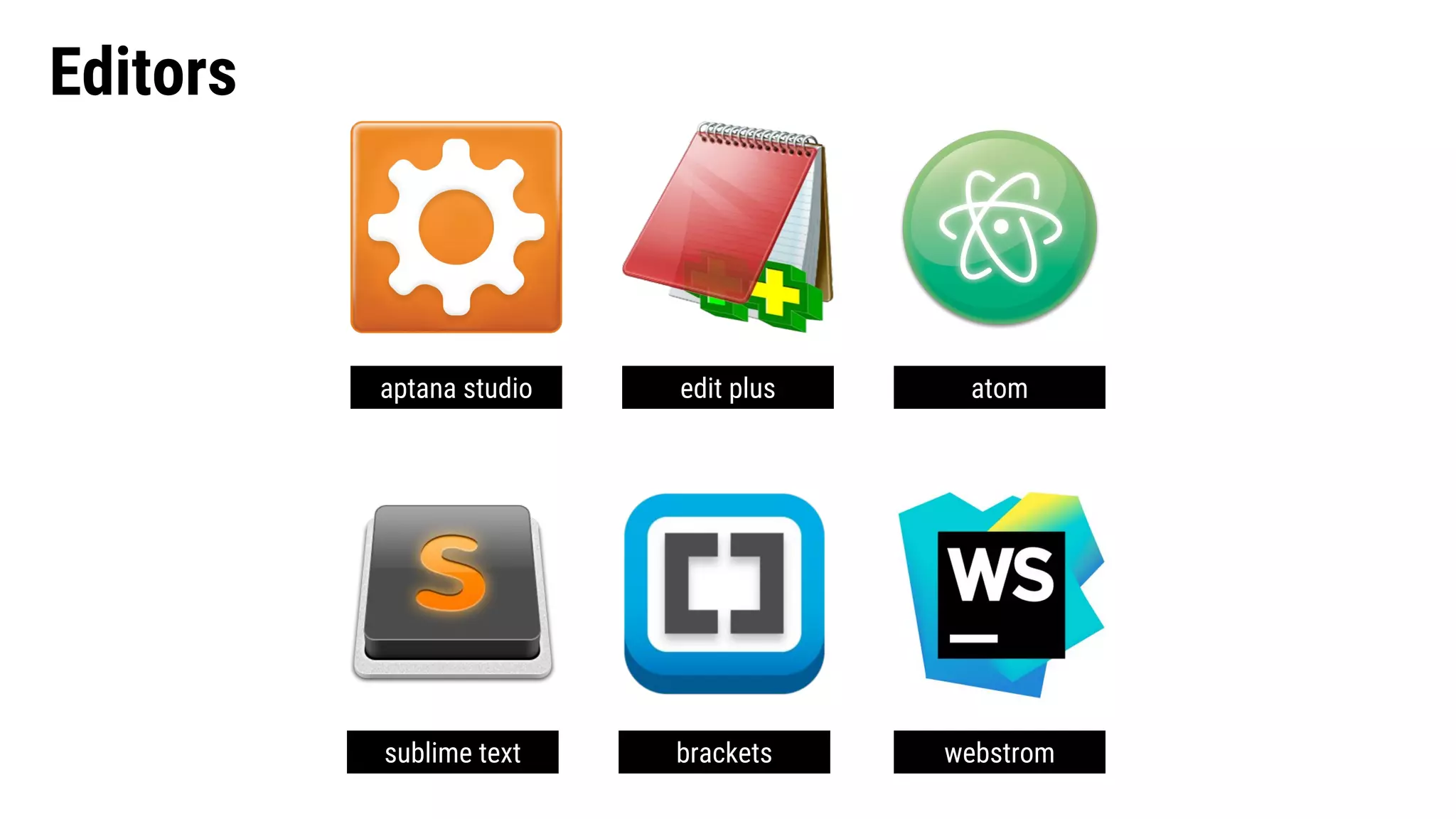 Editors atom sublime text brackets webstrom aptana studio edit plus 