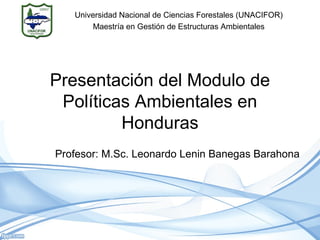 Presentación del Modulo de
Políticas Ambientales en
Honduras
Profesor: M.Sc. Leonardo Lenin Banegas Barahona
Universidad Nacional de Ciencias Forestales (UNACIFOR)
Maestría en Gestión de Estructuras Ambientales
 