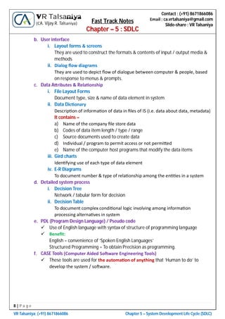 8 | P a g e
VR Talsaniya; (+91) 8671866086 Chapter 5 – System Development Life Cycle (SDLC)
Contact : (+91) 8671866086
Email : ca.vrtalsaniya@gmail.com
Slide-share : VR Talsaniya
VR Talsaniya
(CA. Vijay R. Talsaniya) Fast Track Notes
Chapter – 5 : SDLC
b. User interface
i. Layout forms & screens
They are used to construct the formats & contents of input / output media &
methods
ii. Dialog ﬂow diagrams
They are used to depict ﬂow of dialogue between computer & people, based
on response to menus & prompts.
c. Data A ributes & Rela onship
i. File Layout Forms
Document type, size & name of data element in system
ii. Data Dic onary
Descrip on of informa on of data in ﬁles of IS (i.e. data about data, metadata)
It contains –
a) Name of the company ﬁle store data
b) Codes of data item length / type / range
c) Source documents used to create data
d) Individual / program to permit access or not permi ed
e) Name of the computer host programs that modify the data items
iii. Gird charts
Iden fying use of each type of data element
iv. E-R Diagrams
To document number & type of rela onship among the en es in a system
d. Detailed system process
i. Decision Tree
Network / tabular form for decision
ii. Decision Table
To document complex condi onal logic involving among informa on
processing alterna ves in system
e. PDL (Program Design Language) / Pseudo code
 Use of English language with syntax of structure of programming language
 Beneﬁt:
English = convenience of ‘Spoken English Languages’
Structured Programming = To obtain Precision as programming.
f. CASE Tools (Computer Aided So ware Engineering Tools)
 These tools are used for the automa on of anything that ‘Human to do’ to
develop the system / so ware.
 
