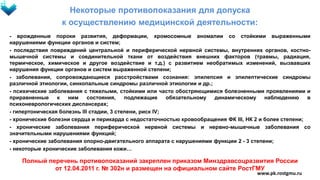 Некоторые противопоказания для допуска
к осуществлению медицинской деятельности:
- врожденные пороки развития, деформации, хромосомные аномалии со стойкими выраженными
нарушениями функции органов и систем;
- последствия повреждений центральной и периферической нервной системы, внутренних органов, костно-
мышечной системы и соединительной ткани от воздействия внешних факторов (травмы, радиация,
термическое, химическое и другое воздействие и т.д.) с развитием необратимых изменений, вызвавших
нарушения функции органов и систем выраженной степени;
- заболевания, сопровождающиеся расстройствами сознания: эпилепсия и эпилептические синдромы
различной этиологии, синкопальные синдромы различной этиологии и др.;
- психические заболевания с тяжелыми, стойкими или часто обостряющимися болезненными проявлениями и
приравненные к ним состояния, подлежащие обязательному динамическому наблюдению в
психоневрологических диспансерах;
- гипертоническая болезнь III стадии, 3 степени, риск IV;
- хронические болезни сердца и перикарда с недостаточностью кровообращения ФК III, НК 2 и более степени;
- хронические заболевания периферической нервной системы и нервно-мышечные заболевания со
значительными нарушениями функций;
- хронические заболевания опорно-двигательного аппарата с нарушениями функции 2 - 3 степени;
- некоторые хронические заболевания кожи…
Полный перечень противопоказаний закреплен приказом Минздравсоцразвития России
от 12.04.2011 г. № 302н и размещен на официальном сайте РостГМУ
www.pk.rostgmu.ru
 