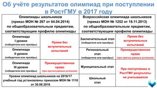 Олимпиады школьников
(приказ МОН № 267 от 04.04.2014)
по общеобразовательным предметам,
соответствующим профилю олимпиады
Всероссийская олимпиада школьников
(приказ МОН № 1252 от 18.11.2013)
по общеобразовательным предметам,
соответствующим профилю олимпиады
Олимпиада
I уровня
(победители или призёры)
Прием без
вступительных
испытаний
Заключительный этап
(победители или призёры)
Прием без
вступительных
испытаний
Олимпиада
II уровня
(победители или призёры)
Региональный
этап
(победители или призёры)
Преимущественное
право
(при прочих равных условиях)
Олимпиада
III уровня
(победители или призёры)
Преимущественное
право
(при прочих равных условиях)
Муниципальный этап
При поступлении в
РостГМУ результаты
не учитываютсяУровни олимпиад школьников на 2016/17
учебный год установлены приказом МОН № 1118
от 30.08.2016
Школьный
этап
Об учёте результатов олимпиад при поступлении
в РостГМУ в 2017 году
 