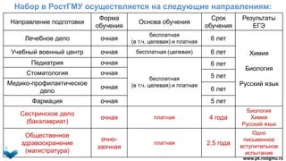Набор в РостГМУ осуществляется на следующие направлениям:
Направление подготовки
Форма
обучения
Основа обучения
Срок
обучения
Результаты
ЕГЭ
Лечебное дело очная
бесплатная
(в т.ч. целевая) и платная
6 лет
Химия
Биология
Русский язык
Учебный военный центр очная бесплатная (целевая) 6 лет
Педиатрия очная
бесплатная
(в т.ч. целевая) и платная
6 лет
Стоматология очная 5 лет
Медико-профилактическое
дело
очная 6 лет
Фармация очная 5 лет
Сестринское дело
(бакалавриат)
очная платная 4 года
Биология
Химия
Русский язык
Общественное
здравоохранение
(магистратура)
очно-
заочная
платная 2,5 года
Одно
письменное
вступительное
испытание
www.pk.rostgmu.ru
 