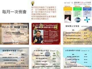 12/12 ( 一) 講師團北區12月例會
講師團專屬課程
‧ 孫治華老師
‧ 簡報技巧教學
二次幹訓課程
規劃( J 部)
‧ 成為演講會
的訓練中心-
幹訓課程規
劃討論
內容行銷課程
規劃
‧ 講師團下半
年重點課程
討論
地點:新北市三重區重新路三段126號4樓 19:00-21:30
60min 30min 30min
每月一次例會
每月固定例會除了討論課程之
外，也可增進夥伴之間情感交
流！每次例會共同決定下個月
例會時間較為彈性～
特殊例會還會請其他資深講師
夥伴來傳授相關技巧
 