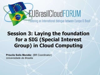 Session 3: Laying the foundation
for a SIG (Special Interest
Group) in Cloud Computing
Priscila Solís Mendéz (BR Coordinator)
Universidade de Brasilia
 