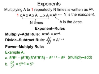 Multiply–Add Rule: AnAk = An+k
Divide–Subtract Rule:
Example A.
a. 5254 = (5*5)(5*5*5*5) = 52 + 4 = 56
An
Ak
b. = 55–2 = 5355
52
Power–Multiply Rule:
Exponents
= An – k
(multiply–add)
Exponent–Rules
Multiplying A to 1 repeatedly N times is written as AN.
A is the base.
N is the exponent.
N times
1 x A x A x A ….x A = AN
 