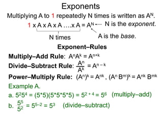 Multiply–Add Rule: AnAk = An+k
Divide–Subtract Rule:
Example A.
a. 5254 = (5*5)(5*5*5*5) = 52 + 4 = 56
An
Ak
b. = 55–2 = 5355
52
Power–Multiply Rule: (An)k = Ank , (An Bm)k = Ank Bmk
Exponents
= An – k
(multiply–add)
(divide–subtract)
Exponent–Rules
Multiplying A to 1 repeatedly N times is written as AN.
A is the base.
N is the exponent.
N times
1 x A x A x A ….x A = AN
 
