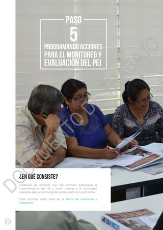 56
Guía para la formulación e implementación del PEI y PAT
¿en qué consiste?
Establecer las acciones que nos permitan autoevaluar la
implementación del PEI y rendir cuentas a la comunidad
educativa para una toma de decisiones oportuna y pertinente.
Estas acciones serán parte de la Matriz de monitoreo y
evaluación.
PASO
Programando acciones
para el monitoreo y
evaluación del pei
5
DOCUMENTO
DE
TRABAJO
 