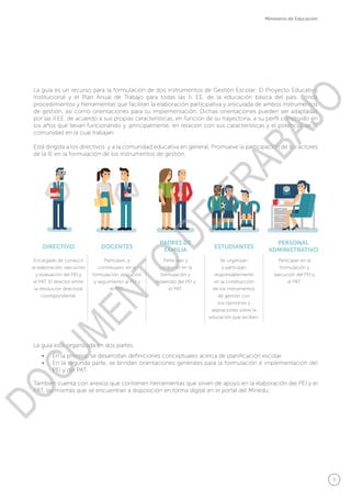 9
Ministerio de Educación
a
La guía es un recurso para la formulación de dos instrumentos de Gestión Escolar: El Proyecto Educativo
Institucional y el Plan Anual de Trabajo para todas las II. EE. de la educación básica del país. Brinda
procedimientos y herramientas que facilitan la elaboración participativa y articulada de ambos instrumentos
de gestión, así como orientaciones para su implementación. Dichas orientaciones pueden ser adaptadas
por las II.EE. de acuerdo a sus propias características, en función de su trayectoria, a su perfil construido en
los años que llevan funcionando y, principalmente, en relación con sus características y el potencial de la
comunidad en la cual trabajan.
Está dirigida a los directivos y a la comunidad educativa en general. Promueve la participación de los actores
de la IE en la formulación de los instrumentos de gestión.
La guía está organizada en dos partes:
•	 En la primera, se desarrollan definiciones conceptuales acerca de planificación escolar.
•	 En la segunda parte, se brindan orientaciones generales para la formulación e implementación del
PEI y del PAT.
También cuenta con anexos que contienen herramientas que sirven de apoyo en la elaboración del PEI y el
PAT, las mismas que se encuentran a disposición en forma digital en el portal del Minedu.
DIRECTIVO DOCENTES
PADRES DE
FAMILIA
ESTUDIANTES
PERSONAL
ADMINISTRATIVO
Participan en la
formulación y
ejecución del PEI y
el PAT.
Se organizan
y participan
responsablemente
en la construcción
de los instrumentos
de gestión con
sus opiniones y
aspiraciones sobre la
educación que reciben.
Participan y
colaboran en la
formulación y
desarrollo del PEI y
el PAT.
Participan, y
contribuyen, en la
formulación, ejecución
y seguimiento al PEI y
el PAT.
Encargado de conducir
la elaboración, ejecución
y evaluación del PEI y
el PAT. El director emite
la resolución directoral
correspondiente.
DOCUMENTO
DE
TRABAJO
 