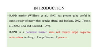 INTRODUCTION
• RAPD marker (Williams et al., 1990) has proven quite useful in
genetic study of many plant species (Baral and Bosland, 2002; Teng et
al., 2002; Levi and Rowland, 1997).
• RAPD is a dominant marker, does not require target sequence
information for design of amplification of primers.
 