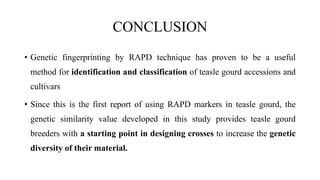 CONCLUSION
• Genetic fingerprinting by RAPD technique has proven to be a useful
method for identification and classification of teasle gourd accessions and
cultivars
• Since this is the first report of using RAPD markers in teasle gourd, the
genetic similarity value developed in this study provides teasle gourd
breeders with a starting point in designing crosses to increase the genetic
diversity of their material.
 