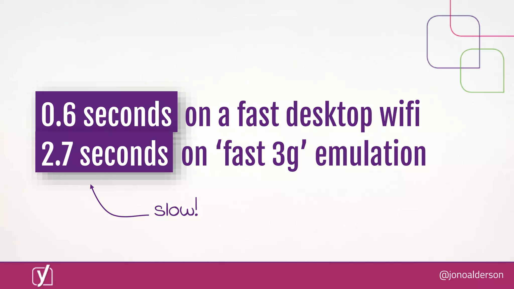 @jonoalderson
0.6 seconds on a fast desktop wifi
2.7 seconds on ‘fast 3g’ emulation
slow!
 