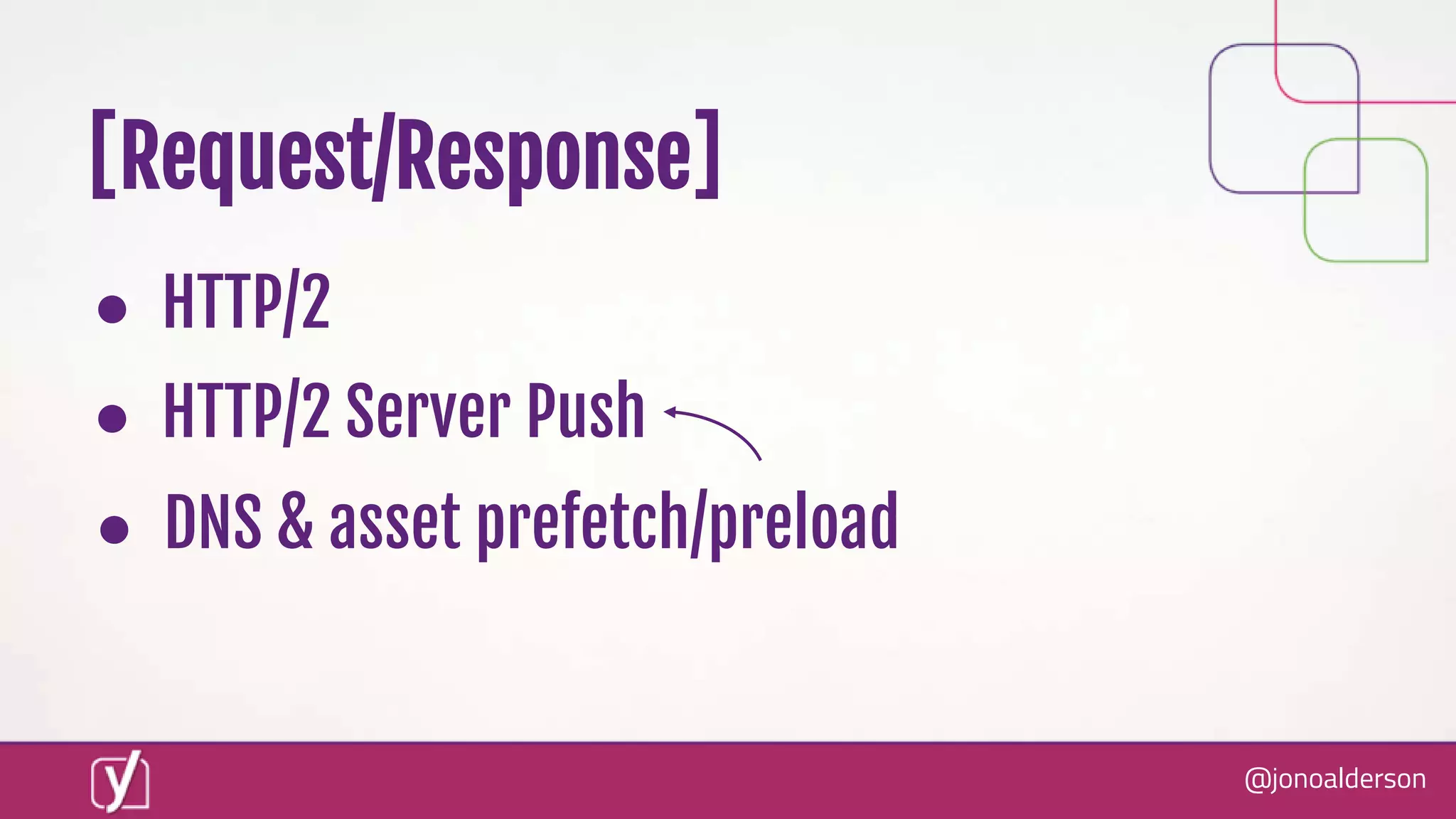 @jonoalderson
● HTTP/2
● HTTP/2 Server Push
[Request/Response]
● DNS & asset prefetch/preload
 