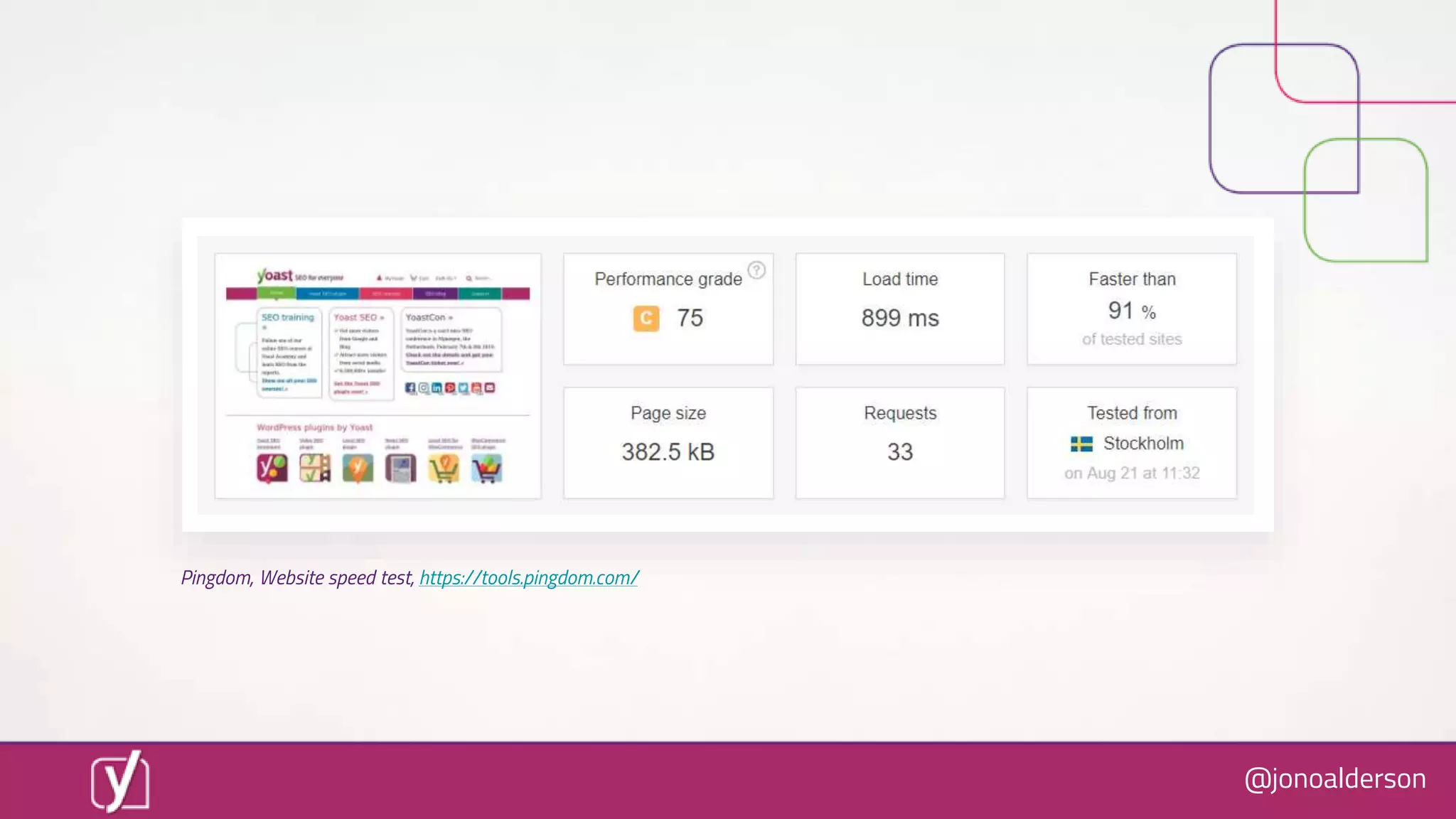 @jonoalderson
Pingdom, Website speed test, https://tools.pingdom.com/
 