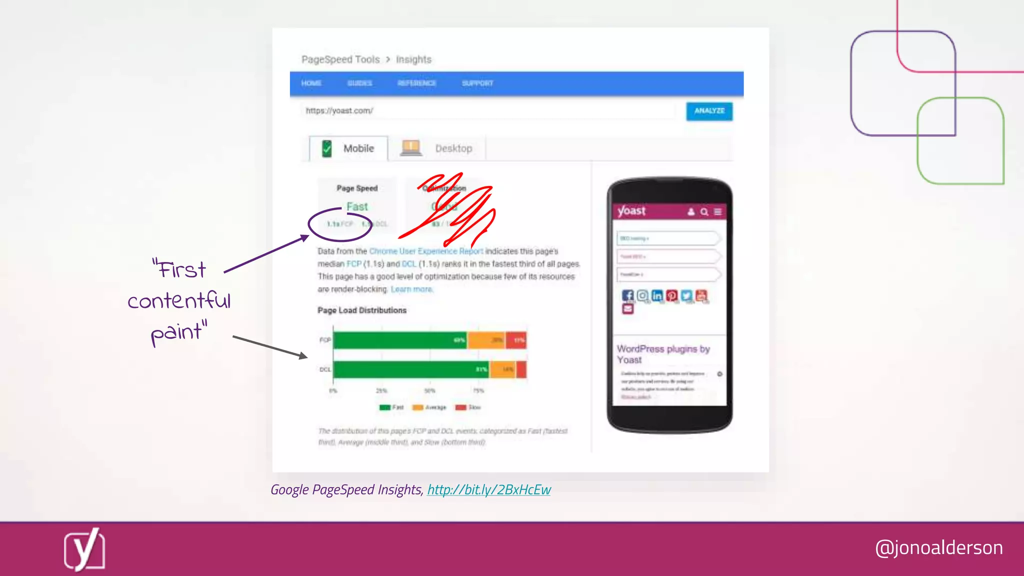 @jonoalderson
“First
contentful
paint”
Google PageSpeed Insights, http://bit.ly/2BxHcEw
 