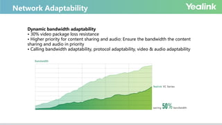 Dynamic bandwidth adaptability
• 30% video package loss resistance
• Higher priority for content sharing and audio: Ensure the bandwidth the content
sharing and audio in priority
• Calling bandwidth adaptability, protocol adaptability, video & audio adaptability
Network Adaptability
 