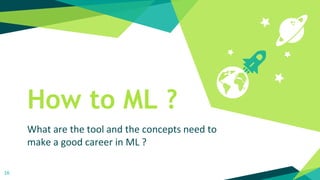 How to ML ?
What are the tool and the concepts need to
make a good career in ML ?
16
 
