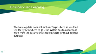 Unsupervised Learning
51
The training data does not include Targets here so we don’t
tell the system where to go , the system has to understand
itself from the data we give, training data (without desired
outputs)
 