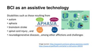 BCI as an assistive technology
Disabilities such as those resulting from
• autism
• aphasia
• brainstem stroke
• spinal cord injury , and
• neurodegenerative diseases , among other afflictions and challenges
Image sources: https://aaspeech.com/june-aphasia-awareness-month/
https://www.verywellhealth.com/what-is-mild-autism-260244
 