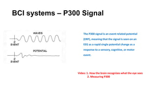 BCI systems – P300 Signal
The P300 signal is an event related potential
(ERP), meaning that the signal is seen on an
EEG as a rapid single potential change as a
response to a sensory, cognitive, or motor
event.
Video: 1. How the brain recognizes what the eye sees
2. Measuring P300
 