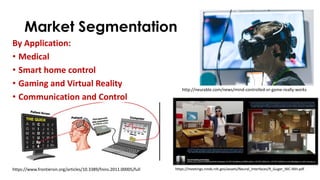Market Segmentation
By Application:
• Medical
• Smart home control
• Gaming and Virtual Reality
• Communication and Control
https://meetings.ninds.nih.gov/assets/Neural_Interfaces/9_Guger_NIC-NIH.pdf
http://neurable.com/news/mind-controlled-vr-game-really-works
https://www.frontiersin.org/articles/10.3389/fnins.2011.00005/full
 