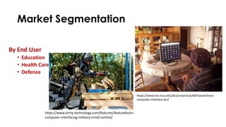 Market Segmentation
By End User
• Education
• Health Care
• Defence
https://www.ise.ncsu.edu/bci/projects/p300-based-brain-
computer-interface-bci/
https://www.army-technology.com/features/featurebrain-
computer-interfacing-military-mind-control/
 