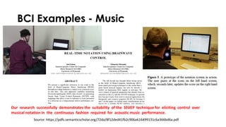 BCI Examples - Music
Our research successfully demonstrates the suitability of the SSVEP technique for eliciting control over
musical notation in the continuous fashion required for acoustic music performance.
Source: https://pdfs.semanticscholar.org/72da/8f12ded41fb2c906a616499131c6a366bd6a.pdf
 
