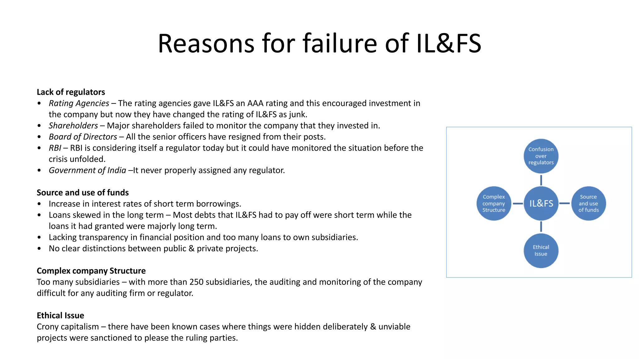 Reasons for failure of IL&FS
Lack of regulators
• Rating Agencies – The rating agencies gave IL&FS an AAA rating and this encouraged investment in
the company but now they have changed the rating of IL&FS as junk.
• Shareholders – Major shareholders failed to monitor the company that they invested in.
• Board of Directors – All the senior officers have resigned from their posts.
• RBI – RBI is considering itself a regulator today but it could have monitored the situation before the
crisis unfolded.
• Government of India –It never properly assigned any regulator.
Source and use of funds
• Increase in interest rates of short term borrowings.
• Loans skewed in the long term – Most debts that IL&FS had to pay off were short term while the
loans it had granted were majorly long term.
• Lacking transparency in financial position and too many loans to own subsidiaries.
• No clear distinctions between public & private projects.
Complex company Structure
Too many subsidiaries – with more than 250 subsidiaries, the auditing and monitoring of the company
difficult for any auditing firm or regulator.
Ethical Issue
Crony capitalism – there have been known cases where things were hidden deliberately & unviable
projects were sanctioned to please the ruling parties.
 