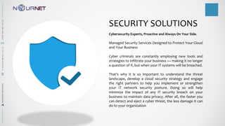 SECURITY SOLUTIONS
Cybersecurity Experts, Proactive and Always On Your Side.
Managed Security Services Designed to Protect Your Cloud
and Your Business
Cyber criminals are constantly employing new tools and
strategies to infiltrate your business — making it no longer
a question of if, but when your IT systems will be breached.
That’s why it is so important to understand the threat
landscape, develop a cloud security strategy and engage
the right partners to help you implement or strengthen
your IT network security posture. Doing so will help
minimize the impact of any IT security breach on your
business to maintain data privacy. After all, the faster you
can detect and eject a cyber threat, the less damage it can
do to your organization
RAMADANMAHMOUDR.Ramadan@nour.net.sa+9665644814491
 