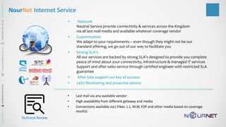 • Network
Neutral Service provide connectivity & services across the Kingdom
via all last mail media and available whatever coverage vendor
• Customization
We adapt to your requirements – even though they might not be our
standard offering; we go out of our way to facilitate you
• Strong SLA’s
All our services are backed by strong SLA’s designed to provide you complete
peace of mind about your connectivity, infrastructure & managed IT services
Support and after sales service through certified engineer with restricted SLA
guarantee
• After Sale support our key of success
• 24X7 Monitoring and proactive service
• Last mail via any available vendor
• High availability from different getaway and media
• Connections available via ( Fiber, L.L, M.W, P2P and other media based on coverage
results)
NourNet Internet Service
Technical Review
RAMADANMAHMOUDR.Ramadan@nour.net.sa+9665644814491
 