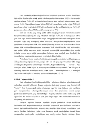 Pada komponen pelaksanaan pembelajaran didapatkan persentase rata-rata skor kinerja
hasil siklus I pada setiap aspek adalah: (1) Pra pembelajaran sebesar 70,0%, (2) membuka
pelajaran sebesar 70,0%, (3) kegiatan inti pembelajaran yang meliputi: (a) penguasaan materi
sebesar 70,0%, (b) pendekatan/strategi sebesar 70,8%, (c) pemanfaatan sumber belajar 73,3%, (d)
pengelolaan belajar peserta didik 68,0%, (e) penilaian proses dan hasil belajar sebesar 72,5%, (f)
penggunaan bahasa sebesar 73,3%, dan (4) penutup sebesar 75%.
Dari data tersebut yang paling rendah adalah kinerja guru dalam pemanfaatan sumber
belajar telah terjadi peningkatan yang cukup baik mencapai 73,3%, hal ini menunjukkan bahwa
guru telah dapat memanfaatkan sumber belajar sehingga peserta didik dapat lebih optimal dalam
belajarnya. Aspek yang relatif paling rendah hasil siklus I pada pelaksanaan pembelajaran adalah
pengelolaan belajar peserta didik yaitu pembelajaranyang memicu dan memelihara keterlibatan
peserta didik menumbuhkan partisipasi aktif peserta didik melalui interaksi guru, peserta didik,
dan sumber belajar merespon positif partisipasi peserta didik, menunjukkan sikap terbuka
terhadap respon peserta didik, menunjukkan hubungan antar priobadi yang kondusif, dan
menumbuhkan kecerriaan dan antusiasme peserta didik dalam belajar.
Peningkatan kinerja guru tersebut berdampak pula pada peningkatan hasil belajar peserta
didik pada mata pelajaran ekonomi, dengan nilai rata-rata yang diperoleh relatif lebih tinggi
dibandingkan dengan nilai sebelummnya, yaitu: SMA Negeri 02 Semarang sebesar 70,92
meningkat 35,5%, SMA Negeri 04 Semarangsebesar 65,68 meningkat 64,0%, SMA Negeri 10
Semarang sebesar 66,26 meningkat 47,0%, SMA Negeri 11 Semarang sebesar 68,88 meningkat
38,0%, dan SMA Negeri 15 Semarang sebesar 68,38 meningkat 57,7% .
C. Hasil Tindakan Siklus II
Hasil refleksi dari hasil tindakan pada Siklus I selanjutnya dijadikan sebagai dasar untuk
melakukan supervisi kolaboratif dengan pendekatan individual terhadap guru ekonomi Sub
Yayon 04 Kota Semarang pada stahap selanjutnya, supervisi yang dilakukan yaitu membantu
guru mengidentifikasi kekurangan-kekurangan mulai dari perencanaan sampai dengan
pelaksanaan pembelajaran, yang mereka hadapi. Selanjutnya diberikan arahan-arahan yang lebih
operasional dan mudah dilaksanakan oleh guru dengan upaya lebih memberikan kemudahan
belajar bagi para peserta didik.
Tindakan supervisi inividual dilakukan dengan pendekatan secara kolaboratif,
berdasarkan hasil pengamatan umumnya guru masih lemah untuk berinovasi dalam menyiapkan
sumber dan media pembelajaran, umumnya guru terjebak pada rutinitas pembelajaran yang
mereka lakukan. Selanjutnya setiap guru disarankan untuk meningkatkan inovasi dalam
menggunakan media-media pembelajaran dan sumber-sumber belajar sehingga dalam
14
 