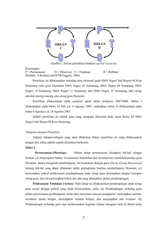 Gambar 2. Disain penelitian tindakan (action research)
Keterangan:
P = Perencanaan O = Observasi T = Tindakan R = Refleksi
(Sumber: S Kemmis and R McTaggart, 1986)
Penelitian ini dilaksanakan terhadap guru ekonomi pada SMA Negeri Sub Rayon 04 Kota
Semarang yaitu guru Ekomomi SMA Negeri 02 Semarang, SMA Negeri 04 Semarang, SMA
Negeri 10 Semarang, SMA Negeri 11 Semarang, dan SMA Negeri 15 Semarang, dari setiap
sekolah masing-masing satu orang guru Ekonomi.
Penelitian dilaksanakan pada semester gasal tahun pelajaran 2007/2008. Siklus I
dilaksanakan pada bulan 18 Juli s.d. 4 Agustus 2007, sedangkan siklus II dilaksanakan pada
bulan 4 Agustus s.d. 18 Agustus 2007.
Subjek penelitian ini adalah guru yang mengajar Ekonomi pada siswa Kelas XI SMA
Negeri Sub Rayon 04 Kota Semarang.
Tahapan-tahapan Penelitian
Adapun tahapan-tahapan yang akan dilakukan dalam penelitian ini yang dilaksanakan
dengan dua siklus adalah seperti diuraikan berikutini.
Siklus I
Perencanaan (Planning): Dalam tahap perencanaan disiapkan hal-hal sebagai
berikut: (a) menyiapkan bahan, inventarisasi kebutuhan dan inventarisasi masalah/kesulitan guru
Ekonomi dalam mengelola pembelajaran, (b) berdiskusi dengan guru (Focus Group Discussion)
tentang hal-hal yang dapat dilakukan untuk peningkatan kualitas pembellajaran Ekonomi, (c)
menyiapkan jadwal pelaksanaan pendampingan pada setiap guru disesuaikan dengan kesiapan
setiap guru, dan (d) menyiapkan bahan dan alat yang dibutuhkan dalam pendampingan.
Pelaksanaan Tindakan (Action): Pada tahap ini dilaksanakan pendampingan pada setiap
guru sesuai dengan jadwal yang telah direncanakan, yaitu: (a) Pendampingan terhadap guru
dalam perencanaan pembelajaran: mulai dari menyusun rencana pengajaran: menyiapkan metode,
membuat media belajar, menyiapkan sumber belajar, dan menyiapkan alat evaluasi. (b)
Pendampingan terhadap guru saat melaksanakan kegiatan belajar mengajar baik di dalam kelas
9
SIKLUS
I
SIKLUS
II
 