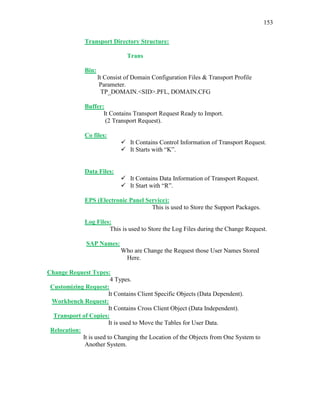 153
Transport Directory Structure:
Trans
Bin:
It Consist of Domain Configuration Files & Transport Profile
Parameter.
TP_DOMAIN.<SID>.PFL, DOMAIN.CFG
Buffer:
It Contains Transport Request Ready to Import.
(2 Transport Request).
Co files:
 It Contains Control Information of Transport Request.
 It Starts with “K”.
Data Files:
 It Contains Data Information of Transport Request.
 It Start with “R”.
EPS (Electronic Panel Service):
This is used to Store the Support Packages.
Log Files:
This is used to Store the Log Files during the Change Request.
SAP Names:
Who are Change the Request those User Names Stored
Here.
Change Request Types:
4 Types.
Customizing Request:
It Contains Client Specific Objects (Data Dependent).
Workbench Request:
It Contains Cross Client Object (Data Independent).
Transport of Copies:
It is used to Move the Tables for User Data.
Relocation:
It is used to Changing the Location of the Objects from One System to
Another System.
 