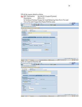 34
Fill all the require details as below
Eg: RFC Destination devclnt101 (Logical System)
Description 800 to 101
In Technical Setting Change the Load Balancing from No to Yes and
Yes to No until Target Host Name Will be come.
Click on Logon & Security tab
 