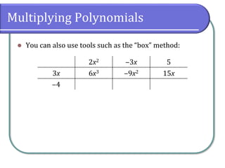 Multiplying Polynomials
⚫ You can also use tools such as the “box” method:
2x2 ‒3x 5
3x 6x3 ‒9x2 15x
‒4
 