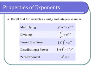 Properties of Exponents
⚫ Recall that for variables x and y and integers a and b:
Multiplying
Dividing
Power to a Power
Distributing a Power
Zero Exponent
+
=a b a b
x x x
−
=
a
a b
b
x
x
x
( ) =
b
a ab
x x
( ) =
a a a
xy x y
=0
1x
 