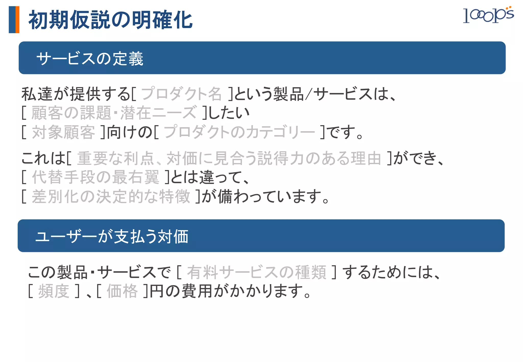 初期仮説の明確化
     　サービスの定義	

私達が提供する[ プロダクト名 ]という製品/サービスは、	
[ 顧客の課題・潜在ニーズ ]したい	
[ 対象顧客 ]向けの[ プロダクトのカテゴリー ]です。	
	


これは[ 重要な利点、対価に見合う説得力のある理由 ]ができ、	
[ 代替手段の最右翼 ]とは違って、	
[ 差別化の決定的な特徴 ]が備わっています。	

     　ユーザーが支払う対価	

     この製品・サービスで [ 有料サービスの種類 ] するためには、	
     [ 頻度 ] 、[ 価格 ]円の費用がかかります。 	
 