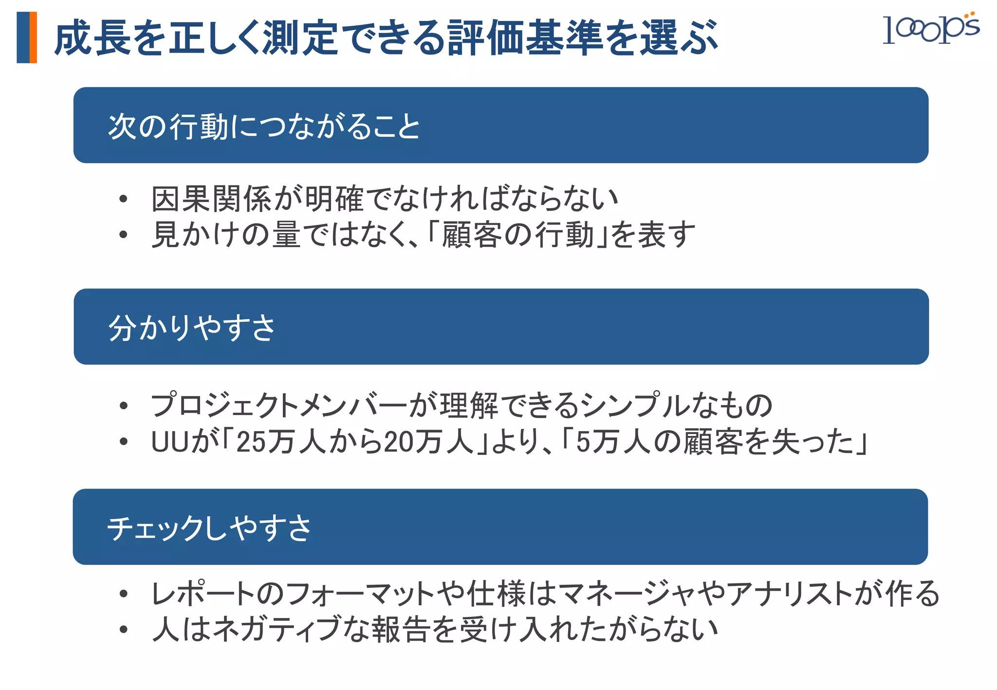 成長を正しく測定できる評価基準を選ぶ

　次の行動につながること	

 •  因果関係が明確でなければならない	
 •  見かけの量ではなく、「顧客の行動」を表す	


　分かりやすさ	

 •  プロジェクトメンバーが理解できるシンプルなもの	
 •  UUが「25万人から20万人」より、「5万人の顧客を失った」	

　チェックしやすさ	

 •  レポートのフォーマットや仕様はマネージャやアナリストが作る	
 •  人はネガティブな報告を受け入れたがらない	
 