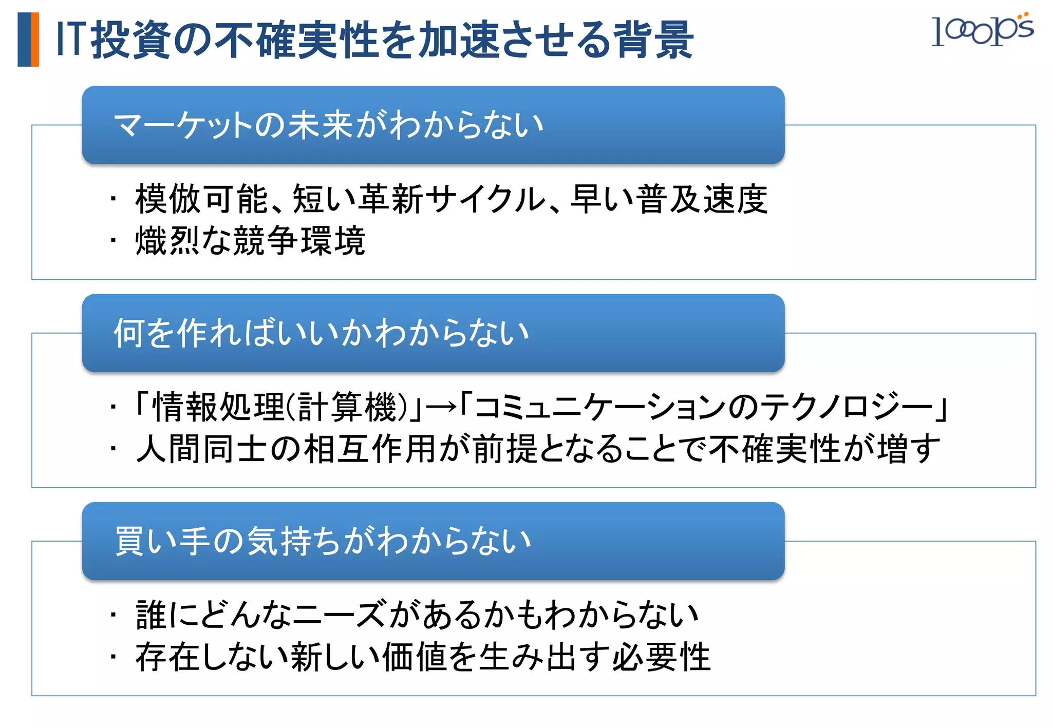 IT投資の不確実性を加速させる背景
 マーケットの未来がわからない	

 •  模倣可能、短い革新サイクル、早い普及速度	
 •  熾烈な競争環境	

 何を作ればいいかわからない	

 •  「情報処理(計算機)」→「コミュニケーションのテクノロジー」	
 •  人間同士の相互作用が前提となることで不確実性が増す	

 買い手の気持ちがわからない	

 •  誰にどんなニーズがあるかもわからない	
 •  存在しない新しい価値を生み出す必要性	
 