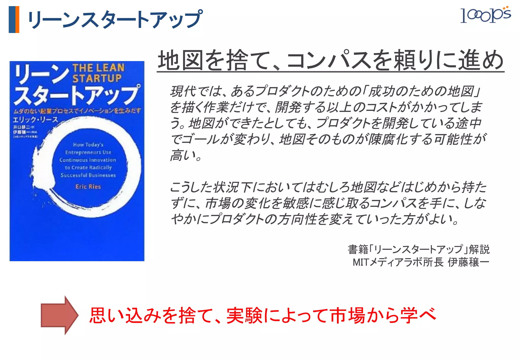 リーンスタートアップ

       地図を捨て、コンパスを頼りに進め	
        現代では、あるプロダクトのための「成功のための地図」
        を描く作業だけで、開発する以上のコストがかかってしま
        う。地図ができたとしても、プロダクトを開発している途中
        でゴールが変わり、地図そのものが陳腐化する可能性が
        高い。	
        	
        こうした状況下においてはむしろ地図などはじめから持た
        ずに、市場の変化を敏感に感じ取るコンパスを手に、しな
        やかにプロダクトの方向性を変えていった方がよい。	
        	
                       書籍「リーンスタートアップ」解説	
                       MITメディアラボ所長 伊藤穣一	




   思い込みを捨て、実験によって市場から学べ	
 