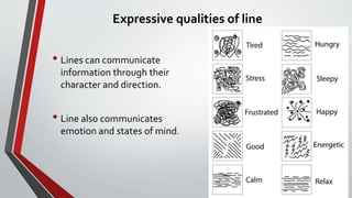Expressive qualities of line
• Lines can communicate
information through their
character and direction.
• Line also commun...