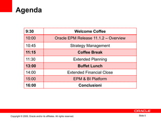 Agenda

                9:30                                                   Welcome Coffee
                10:00                          Oracle EPM Release 11.1.2 – Overview
                10:45                                           Strategy Management
                11:15                                                   Coffee Break
                11:30                                              Extended Planning
                13:00                                                   Buffet Lunch
                14:00                                       Extended Financial Close
                15:00                                              EPM & BI Platform
                16:00                                                   Conclusioni




Copyright © 2009, Oracle and/or its affiliates. All rights reserved.                    Slide 0
 